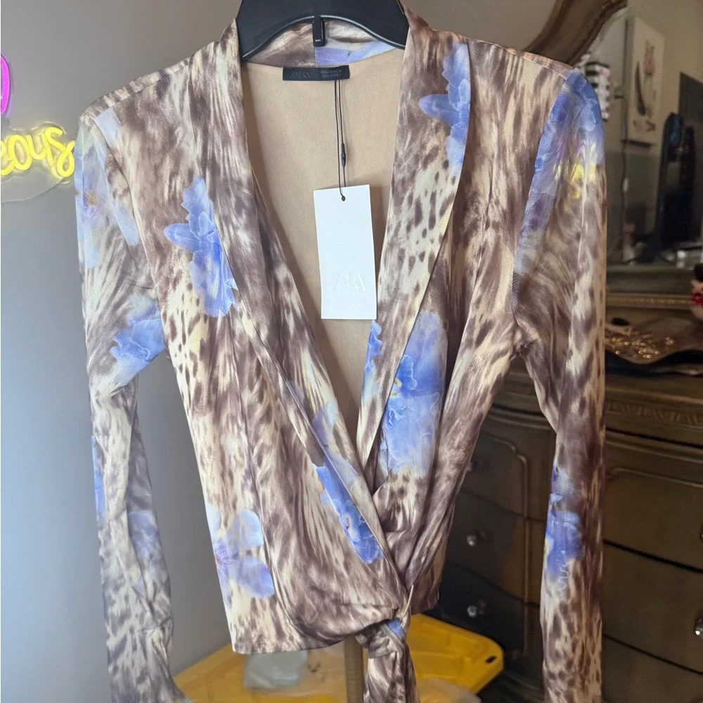 Zara Brown Animal Print Wrap around Blouse with Blue Floral Details - Picture 12 of 16